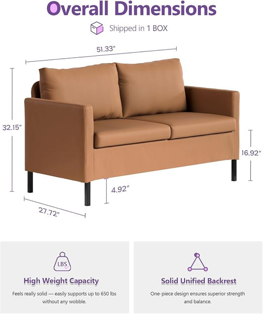 TYBOATLE Modern Faux Leather Small Couches for Small Spaces, Comfy Upholstered Brown Love Seat for Dorm, 2 Seater Mini Couch for Bedroom, Apartment, Office, Brown