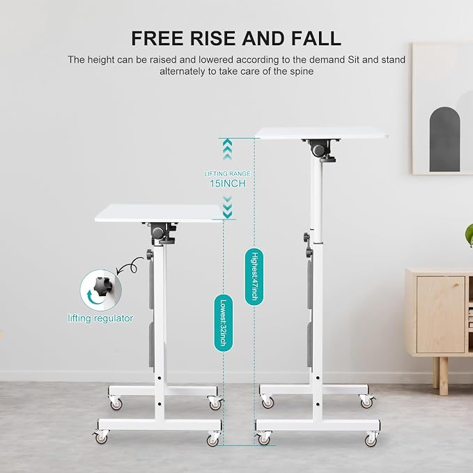 KOUPA Adjustable Height Standing Desk, 24 in Writable Tempered Glass Desktop with Eraser, 360° Flip, Wheels and Bag– Ideal for Small Spaces and Home Offices, White(Adjustable Height: 32-47 in)