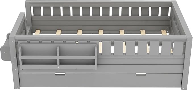Bellemave Twin Size Kids Bed with high Rails and with Built-in Bookshelf and Trundle for Kids, Girls, Boys, Wood Montessori Bed Without Door, Gray