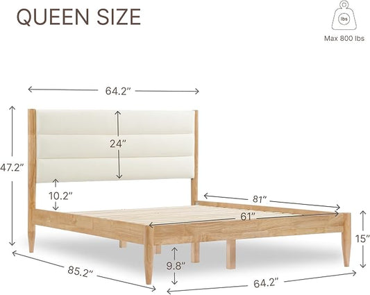 KISLOT Wood Bed Frame with Headboard Upholstered Platform Mattress Foundation,Strong Wooden Slat Support,No Box Spring Needed