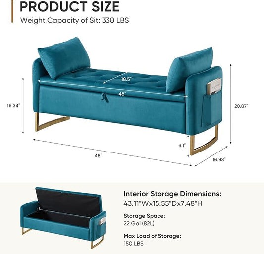 48" End of Bed Bench, Modern Storage Benches with Button-Tufted, Velvet Upholstered Storage Ottoman Bench for Foot of Bed with Arms, Gold Legs Window and Entryway, Vintage Green
