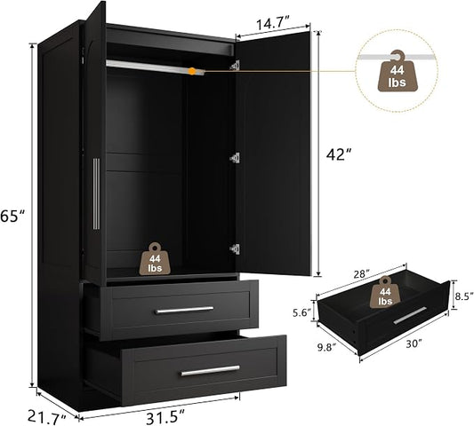 iPormis Wooden Armoire Wardrobe Closet with 2 Drawers, Clothing Storage Cabinet with Shelves Aluminum Hanging Rod, Wardrobe Storage with Strong Door Closure, Modern Bedroom Clothing Armoires, Black