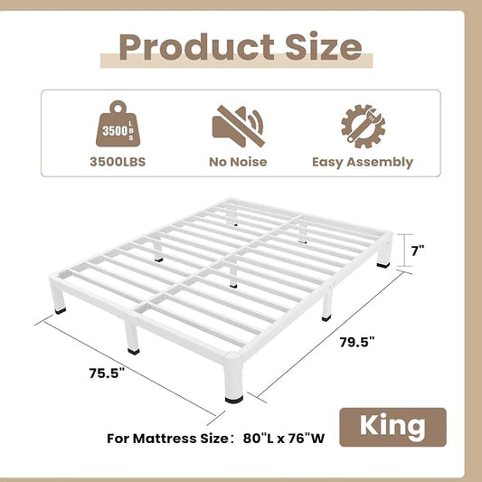 ROIL 7 Inch White King Bed Frame with Rounded Corner and Mattress Retainers, 3500LBS Heavy Duty Steel Slats No Box Spring Needed Platform Noise-Free Easy Assembly