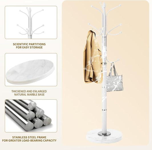OIRUMIE Coat Rack with Natural Marble Base, Metal Modern Coat Racks Freestanding, Coat Rack Stand with 12 Hooks, Coat Tree Hats Hanger Stand for Entryway, Hallway (12 Hooks-White)