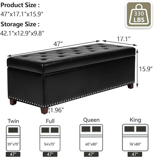 Joveco 47 Inch Storage Ottoman Bench,Tufted Leather Storage Bench with Nailhead Trim for Bedroom (47”,Black)