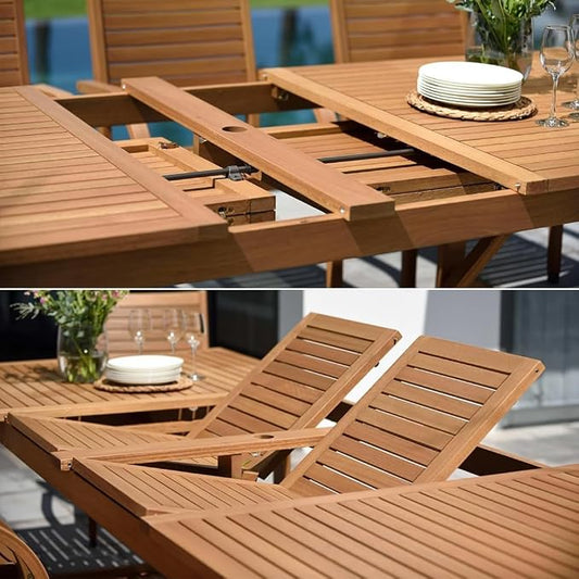 Amazonia Franklin 11-Piece Teak Finish Wood and Aluminum Rectangular Extendable Patio Dining Set | Ideal for Outdoors and Indoors