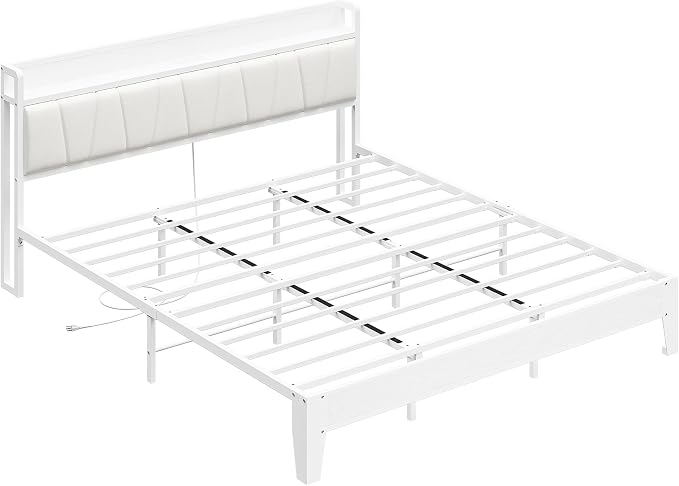 LIKIMIO California King Bed Frames, PU Leather Storage Headboard with Charging Station, Solid and Stable, Noise Free, No Box Spring Needed, Easy Assembly, White