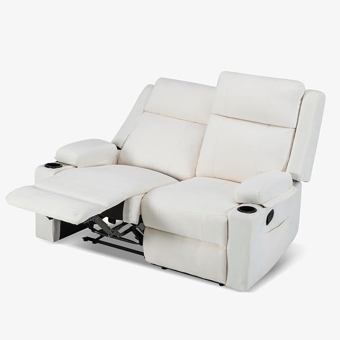 55" RV Loveseat Recliner β Space-Saving Double Reclining RV Sofa, Compact Theater Seating with Cup Holders & Storage Pocket, Beige Chenille Couch for Camper, Motorhome & Home Theater