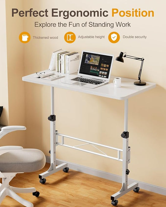 Amztabler Small Standing Desk Adjustable Height, Mobile Stand Up Desk with Wheels, 32 Inch Portable Rolling Desks Conference Room Tables for Walking Pad Treadmill White