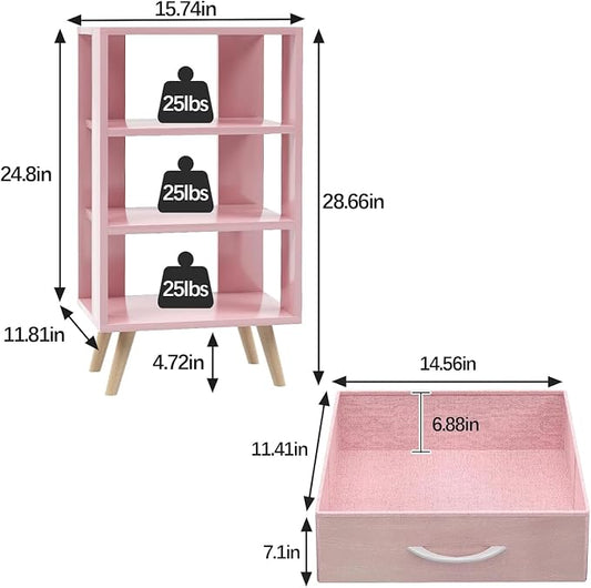 Aenuert Night Stand, Pink Nightstand with 2 Fabric Drawers, Wooden Side Table with Open Storage, 3-Tier Modern End Table, Bedside Table for Small Space, Living Room, Bedroom