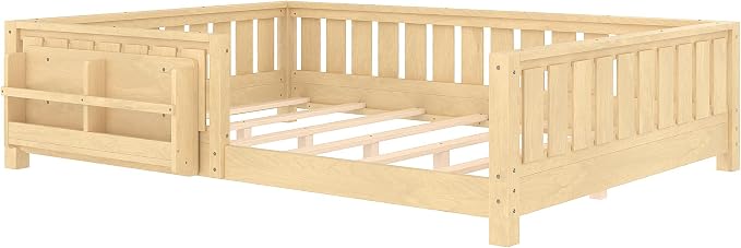 Bellemave Queen Size Floor Bed with Slats and Safety Guardrail, Queen Size Montessori Floor Bed with Fence and Built-in Bookshelf, Easy Assemble Montessori Beds for Girls, Boys, Light Natural