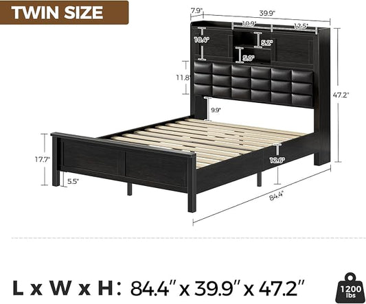 Rolanstar Bed Frame Twin Size with Charging Station, Bookcase Headboard Bed with LED Light and Sliding Doors, Platform Bed with Wooden Slats, No Box Spring Needed, Noise Free, Black
