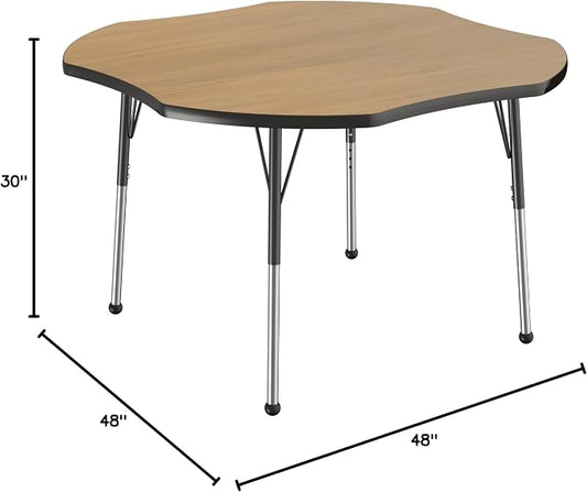 FDP Clover (48 x 48 inch) Collaborative Classroom Table with Adjustable Standard Ball Glide Legs (19-30 in) School and Office Furniture - Pasadena Oak Top/Black Edge and Legs