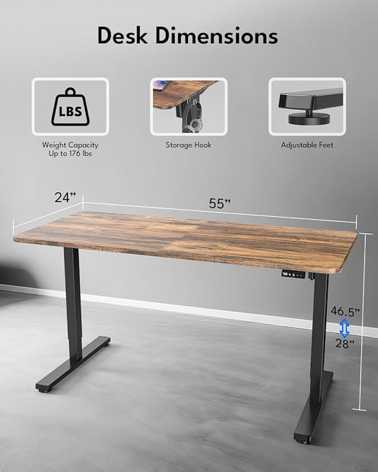 Standing Desk, Height Adjustable Electric Stand up Desk, 55 x 24 Inches Sit Stand Home Office Desk with Splice Board, Black Frame/Rustic Brown Top