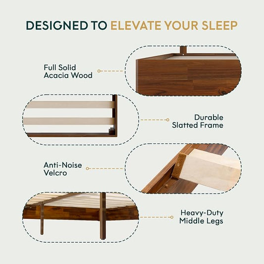 Bme Nipe Bed Frame with Headboard, Bohemian and Mid-Century Modern Style, Solid Acacia Wood Platform Bed with Slat Support, No Box Spring Needed, Easy Assembly, King - Dark Chocolate