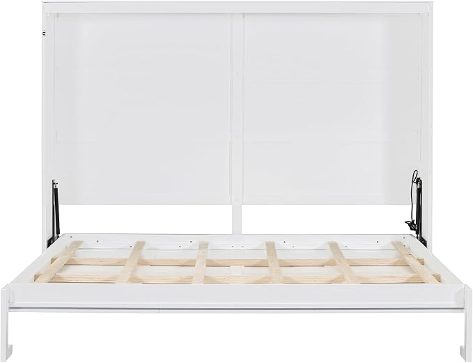 Ball & Cast Queen Size Murphy Bed with Charging Station and Slat Support,Wood Hideaway Cabinet Platform Beds w/Leg & Lock,can be Folded,Space-Saving,for Small Room,Dorms,White