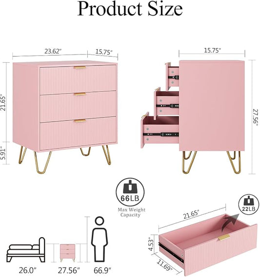 Fluted 3 Drawer Dresser for Bedroom, Modern Storage Bedroom Dresser Chest Cabinet Organizer with Anti-Tip Hardware for Living Room, Dressing Room, Kids Room, Office (Pink)