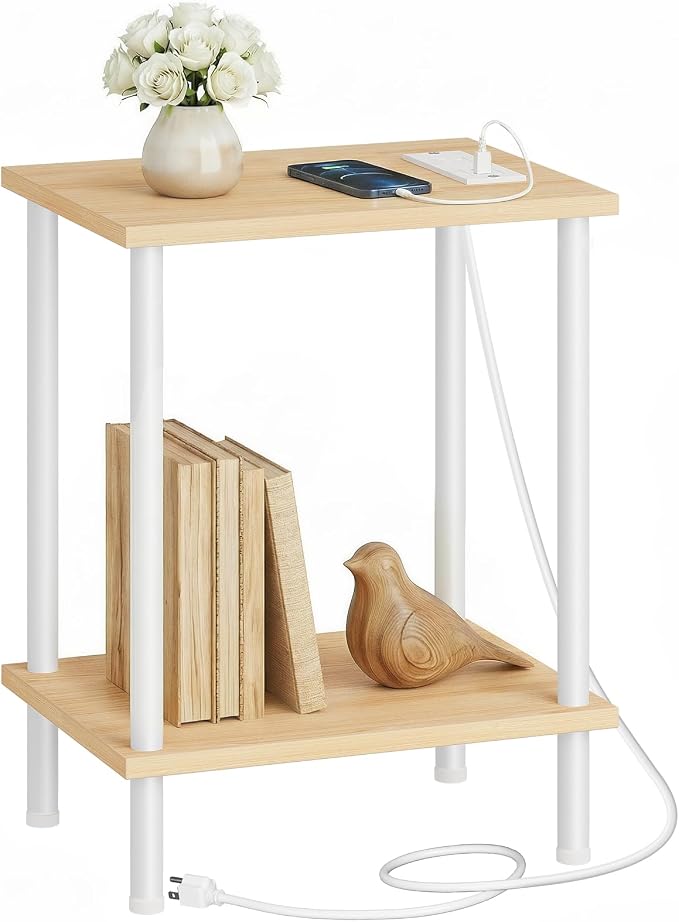 HOOBRO Side Table with Charging Station, End Table with USB Port and Outlet, Nightstand with 2-Layer Storage Shelves for Small Spaces, Living Room, Bedroom, Stable Frame, Natural and White WN09UBZ01