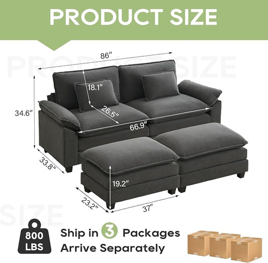 Oprisen 86" Modular Sectional Sofa, Comfy Cloud Couch Sectional Sofa with Ottoman, Velvet Sofa Sleeper Deep Seat Sofa with Throw Pillows for Living Room (Blue Grey)