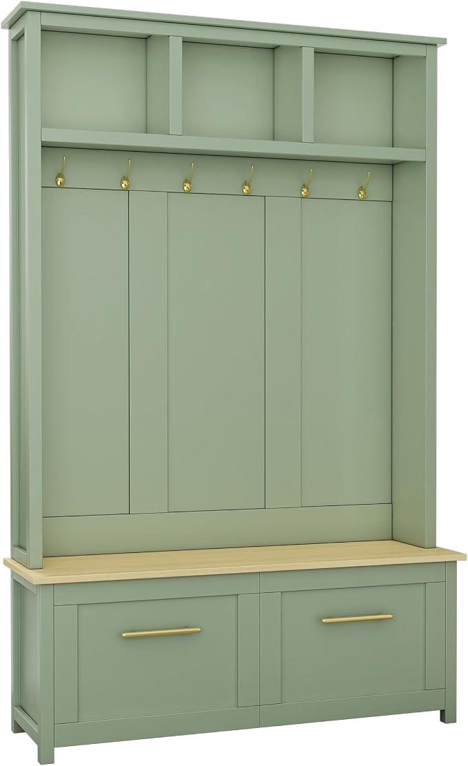 Merax Versatile 4-in-1 Hall Tree with 6 Golden Hooks, Wood Grain Bench with Multiple Storage Space, Entryway Coat Rack with 2 Drawers for Living Room, Hallway, Mint Green