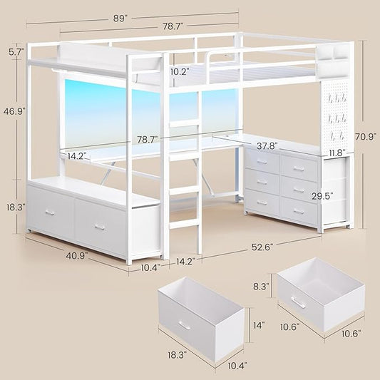 Itaar Twin Loft Bed with L-Shaped Desk & 8 Storage Drawers, Metal Kids Twin Loft Bed with Led Lights, Charging Station, Hall Tree, Safety Guard & Ladder, No Box Spring Needed, White