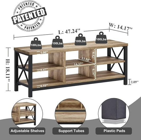 FATORRI Shoe Bench Entryway with Storage, Industrial Wood and Metal Hallway Benches with Adjustable Shelves, Rustic Entry Way Bench for Living Room (47.24 Inch Long, Rustic Oak)