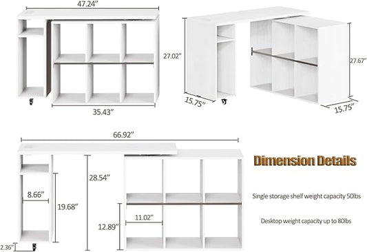 BOSHIRO White L-Shaped Computer Desk Table with Charging Station–Small Study Writing Desk with Backless Storage Shelves, 67” Bedroom Side Table & 360°Rotating Desk