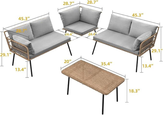 DWVO Patio Furniture Set, 4 Pieces Outdoor Patio Conversation Set, All-Weather PE Rattan Sectional L-Shaped Sofa with Soft Cushion and Side Table for Backyard, Porch, Boho Detachable Lounger (Gray)