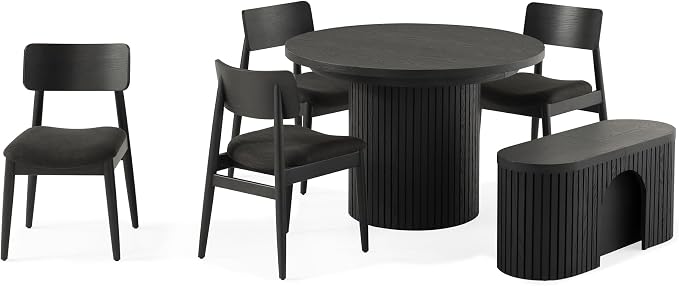 Transformer Table - Solid Wood Extendable Round Dining Table Set with Bench and 4 Chairs, Seats 4-10, Extendable Round Dining Set, Black (Table + Bench + 4 Chairs)