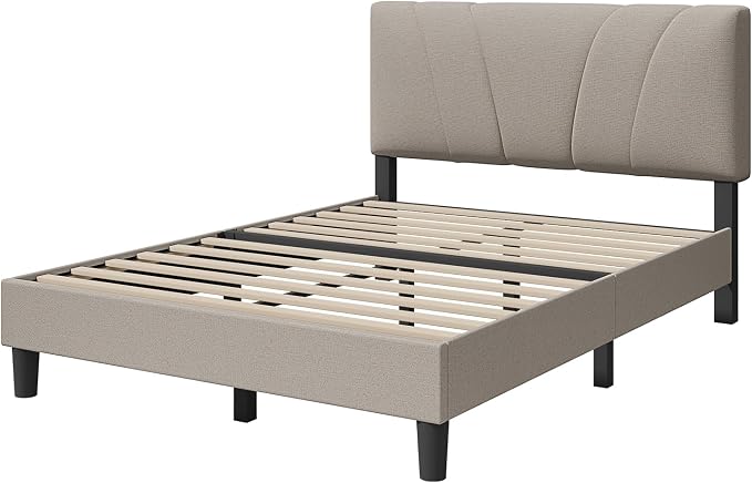 Novilla Full Size Bed Frame with Adjustable Headboard Platform Full Bed Frame with Linen Fabric Upholstered Headboard, No Box Spring Needed, Noise-Free, Wooden Slats Support, Easy Assembly, Beige