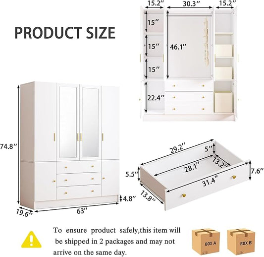 4 Doors LED Armoire Wardrobe Closet with Mirror, 75" Tall Modern Wooden Wardrobe Closet with 3 Drawers, Freestanding Clothing Storage Cabinet with Hanging Rod, Adjustable Shelves, White