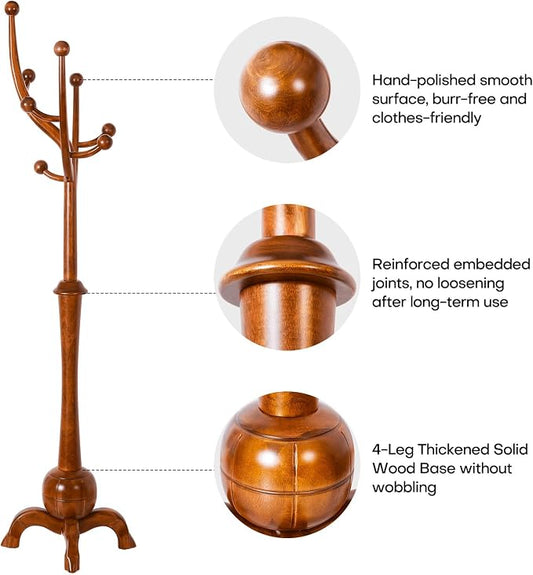Coat Rack Freestanding Wood Coat Tree with Stable Sphere Base, Light Brown | 8 Hooks Tree Branch Design, Heavy Duty Standing Coat Hanger for Entryway, Hallway, Bedroom, Foyer; Hangs Coats, Hats, Bags