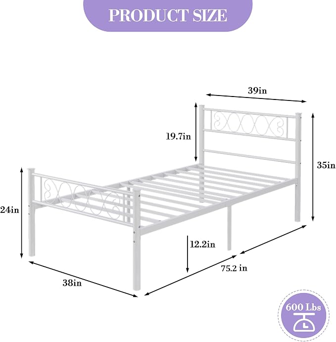 GarveeHome Twin Size Bed Frame, Metal Platform Bed Frame with Headboard and Footboard, 12.2 in Bed Frame with Strong Metal Slats Support, Under Bed Storage, No Box Spring Needed, Black