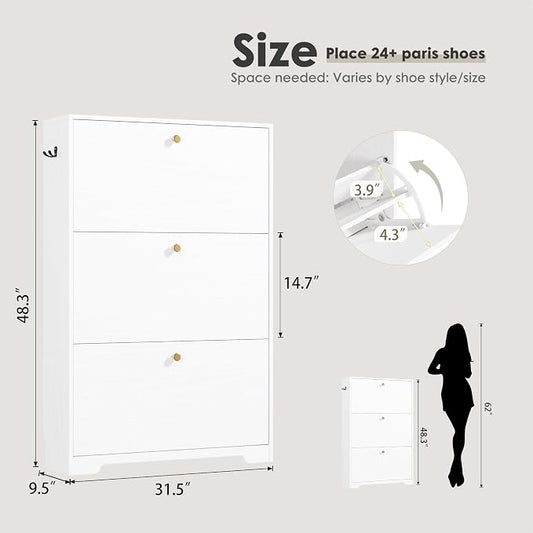 Nicetree Shoe Cabinet with 3 Flip Drawers, Narrow Shoe Organizer Cabinet, Freestanding Shoe Rack Cabinet, Modern Shoe Storage Cabinet for Entryway, Hallway, Foyer, White with Hook