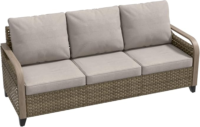 Modern Wicker Patio Sofa, Rattan Outdoor Couch for Small Balcony, 3 Seat Couch Furniture Set for Garden Deck Backyard, Brown/Gray