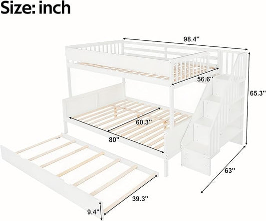 Modern Bunk Bed Full XL Over Queen Size with Storage Shelves and Staircase, Solid Wood Bunk Bed Frame with Trundle and LED Light for Kids Teens Adults (White-3.9)