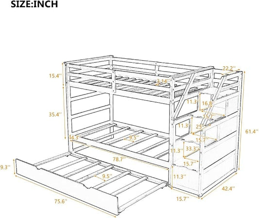 MERITLINE Twin Over Twin Bunk Beds with Trundle and Storage Box, Solid Wood Bunk Bed with Stairs and Storage Case for Teens Adults (White + Solid Wood)