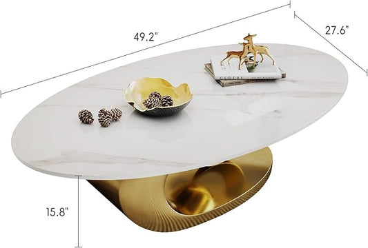 Modern Oval Stone Coffee Table with Gold Metal Base - Scratch-Resistant Rock Slab Top, Aviation-Grade Design - Stylish & Durable Centerpiece for Living Rooms (49.2"x27.6"x15.8").