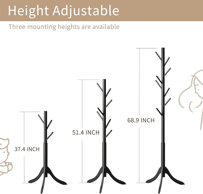 Coat Rack Freestanding, Coat Stands Entryway, Bamboo Coat Rack Hat Hanger 8 Hook for Jacket, Purse, Scarf Rack, Umbrella Tree Stand (Black)