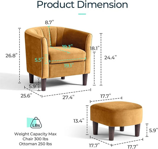 LINSY Accent Chair Set of 2, Velvet Barrel Chair with Ottoman, Modern Comfy Small Armchair for Small Spaces Reading Room Living Room Bedroom Kids Room Office, Yellow