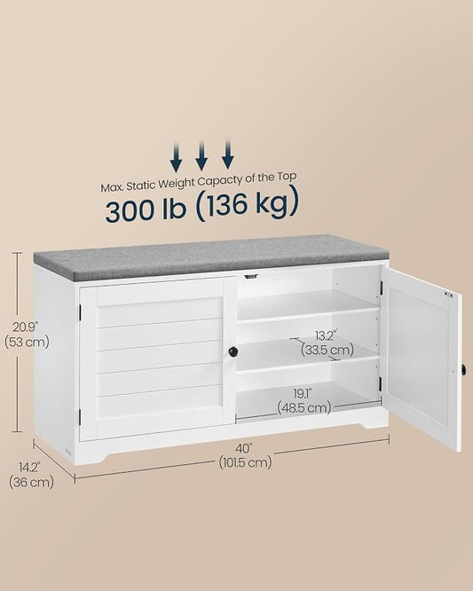 SONGMICS HOME 3-Tier Entryway Bench, Shoe Bench with Padded Seat, for Hallway, Bedroom, 14.2 x 40 x 20.9 Inches, White and Gray