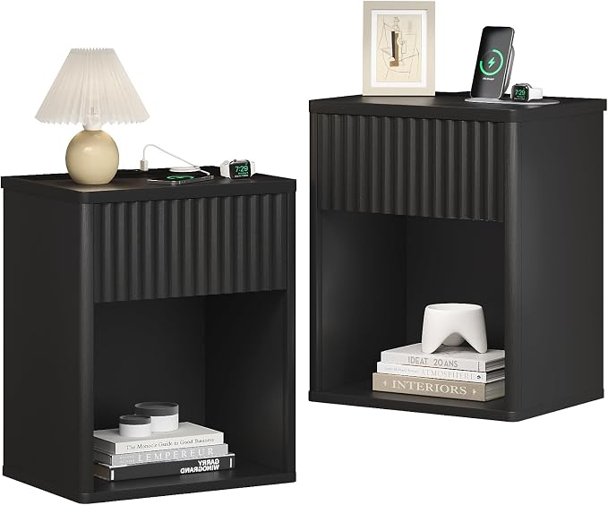 Fluted Black Nightstands Set of 2 w/Charging Station, Wooden End Table Bed Side Table with Curved Drawer, Mid Century Modern Fluted Night Stand with Rounded Edge for Bedroom, Living Room
