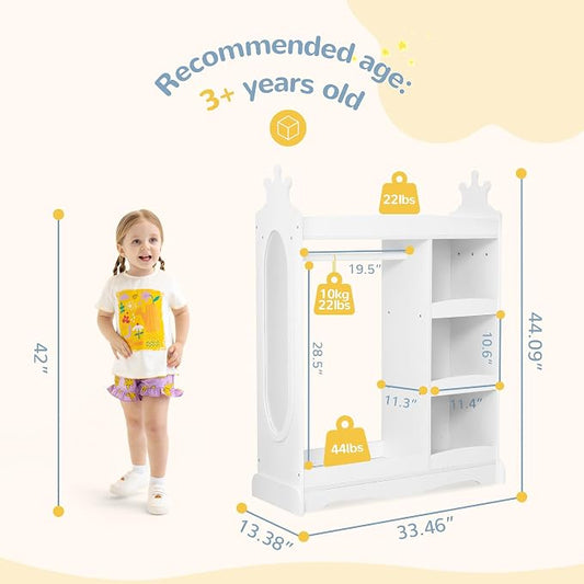 Curipeer Kids Dress up Storage with Mirror, Kids Wardrobe with 3 Hooks, Kids Closet for Girls Boys, Open Hanging Armoire Costume Organizer for Bedroom, Preschool, Classroom, White