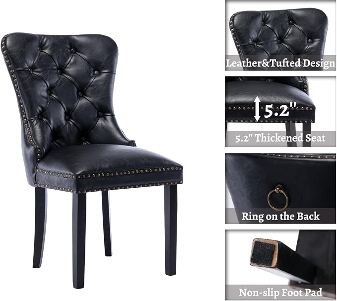 EALSON Modern Black Dining Chairs Set of 8 Mid Century Leather Dining Room Chairs with Wood Legs Tufted Upholstered Kitchen Side Chairs with Nail Head Trim for Dining Room/Living Room, Back with Ring