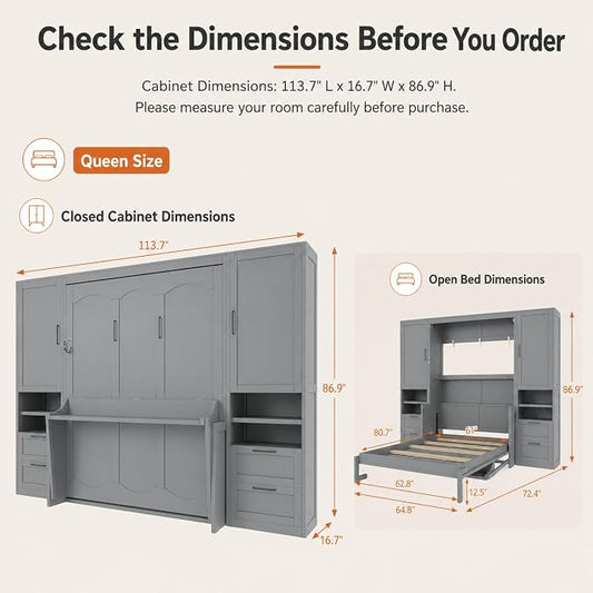 Queen Murphy Bed with Desk, Wall Bed Cabinet with Storage Shelves, Enclosed Cabinets and Hidden Foldout Workstation, Folding Cabinet Bed, Space Saving Bed for Guest Room, Home Office (Gray)
