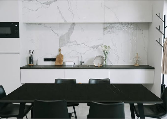 Kaboon Universal Tabletop 55"x27.5", Solid One-Piece Melamine Table Top, Double Desk L-Desk DIY, Home and Office Countertop, Cloud Atlas/Black Marble