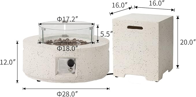 COSIEST 2-Piece Outdoor Propane Fire Pit Table Set w Tank Table, 28" Terrazzo Round Fire Table (Certified, 40,000 BTU) w 16" Tank Cover Side Table 20lb, Wind Guard, Rain Cover for Garden, Pool