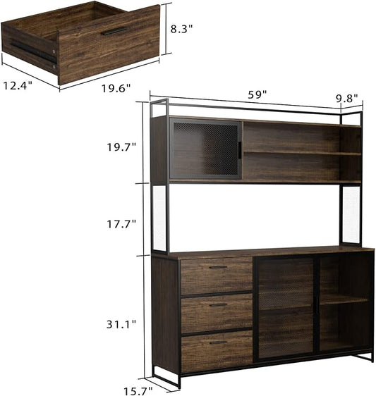 AIEGLE Large Kitchen Hutch Storage Cabinet, Pantry Cabinets with Hutch, Metal Frame Cupboard with Mesh Door, Drawer & Microwave Shelf, Freestanding Kitchen Storage, Brown (59" W x 15.7" D x 68.5" H)