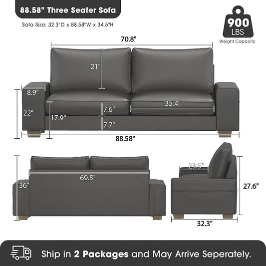 Valthie Faux Leather Couch, Mid Century Modern Comfy Loveseat Sofa with Wide Arm, Side Pockets, Solid Wooden Frame for Office, Living Room and Bedroom, 3 Seater (Gery, 88.58 inches)