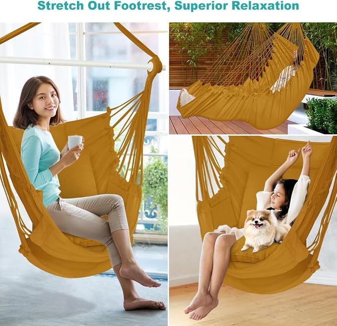 Outerman Hammock Chair, Hanging Chair with 3 Cushions and Foot Rest Support, Durable Metal Spreader Bar Max 500Lbs, Swing Chair for Bedroom, Indoor & Outdoor, Patio, Porch or Tree(Khaki)